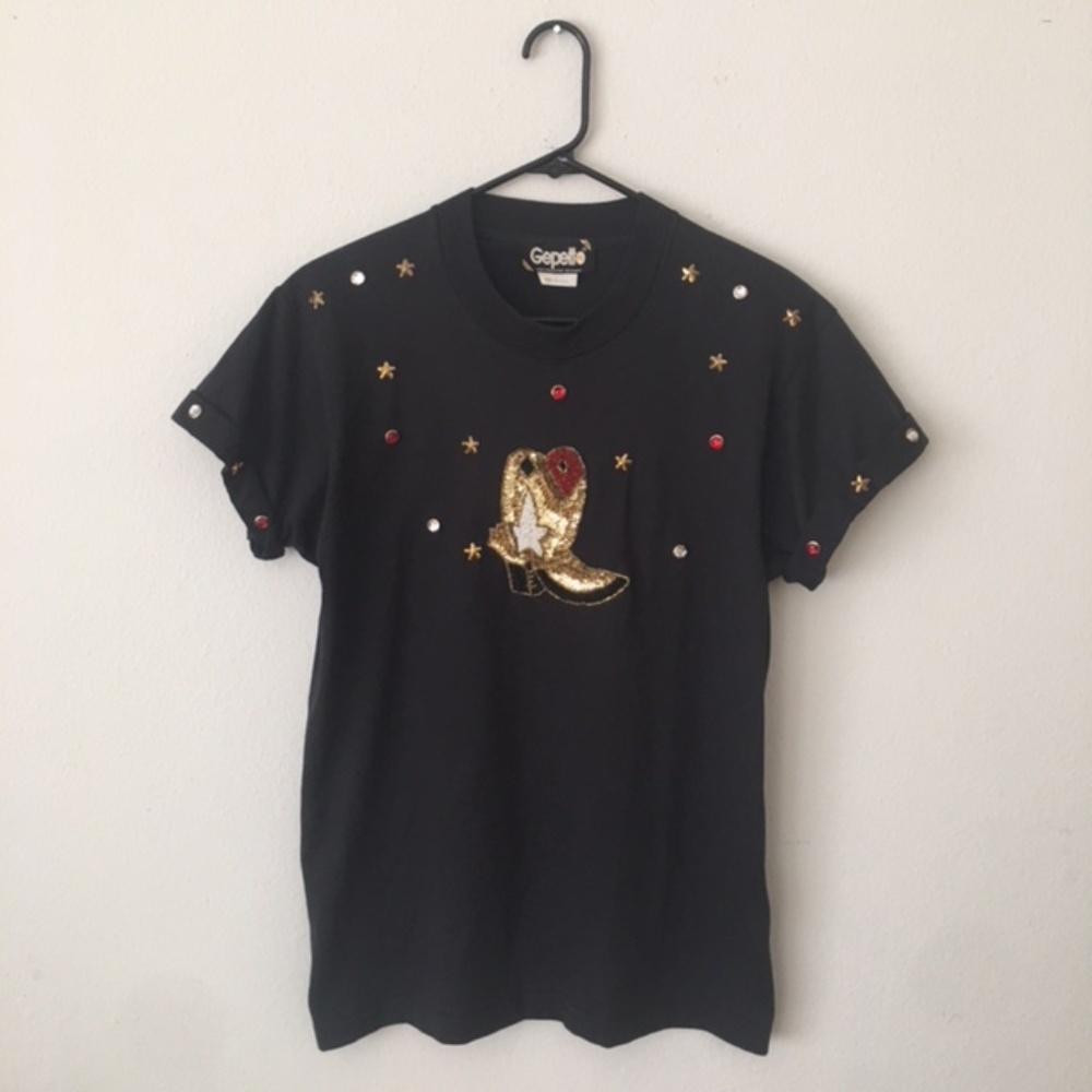 Vintage 80s Cowgirl Boot Sequin T-Shirt